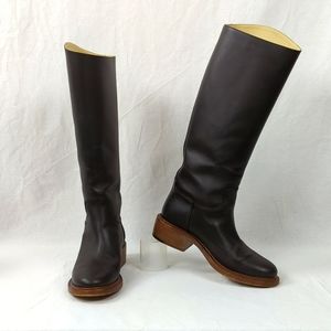 CHANEL Dark Brown Logo Calfskin Knee High Classic Riding Boots/Booties